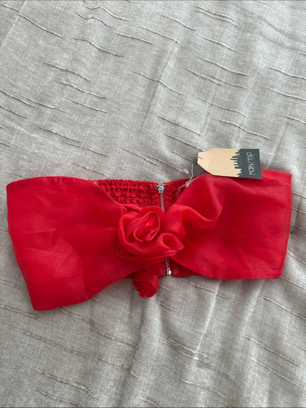 Main Strip Red Organza Rose Bandeau Crop Top